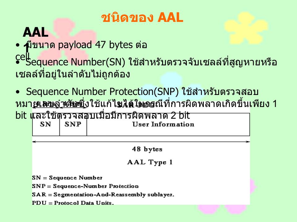 ชนิดของ AAL AAL 1 มีขนาด payload 47 bytes ต่อ cell