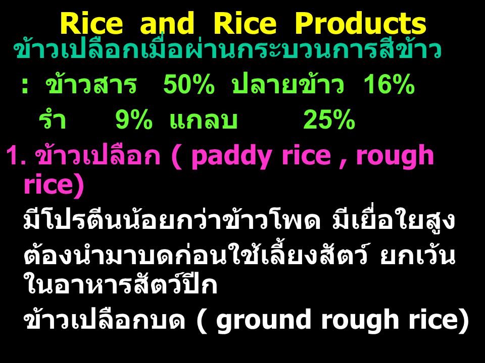 Rice and Rice Products ข้าวเปลือกเมื่อผ่านกระบวนการสีข้าว