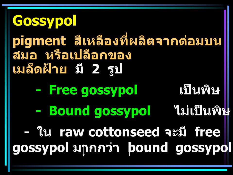 Gossypol pigment สีเหลืองที่ผลิตจากต่อมบนสมอ หรือเปลือกของ เมล็ดฝ้าย มี 2 รูป. - Free gossypol เป็นพิษ.