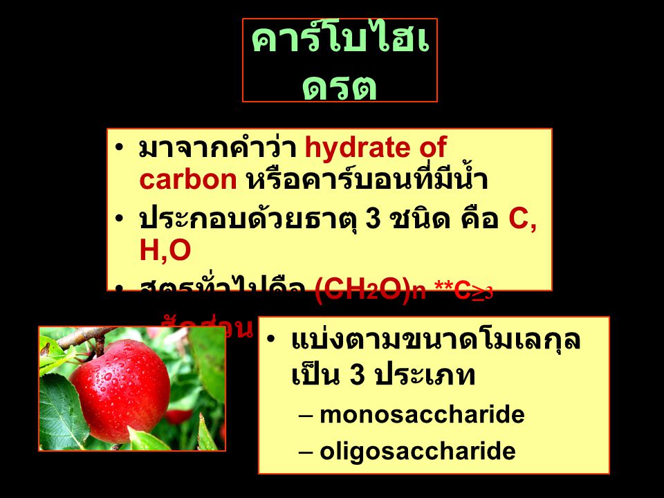 คาร์โบไฮเดรต มาจากคำว่า hydrate of carbon หรือคาร์บอนที่มีนํ้า