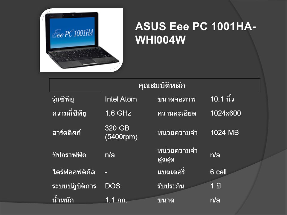 ASUS Eee PC 1001HA-WHI004W คุณสมบัติหลัก รุ่นซีพียู Intel Atom