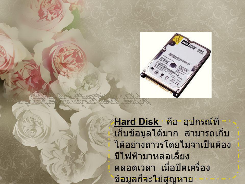 Hard Disk คือ อุปกรณ์ที่เก็บข้อมูลได้มาก สามารถเก็บได้อย่างถาวรโดยไม่จำเป็นต้องมีไฟฟ้ามาหล่อเลี้ยงตลอดเวลา เมื่อปิดเครื่องข้อมูลก็จะไม่สูญหาย