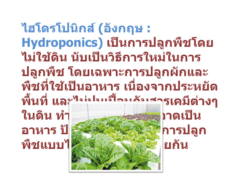 ไฮโดรโปนิกส์ (อังกฤษ : Hydroponics) เป็นการปลูกพืชโดยไม่ใช้ดิน นับเป็นวิธีการใหม่ในการปลูกพืช โดยเฉพาะการปลูกผักและพืชที่ใช้เป็นอาหาร เนื่องจากประหยัดพื้นที่ และไม่ปนเปื้อนกับสารเคมีต่างๆ ในดิน ทำให้ได้พืชผักที่สะอาดเป็นอาหาร ปัจจุบันนี้ในเทคนิคการปลูกพืชแบบไร้ดินหลายแบบด้วยกัน