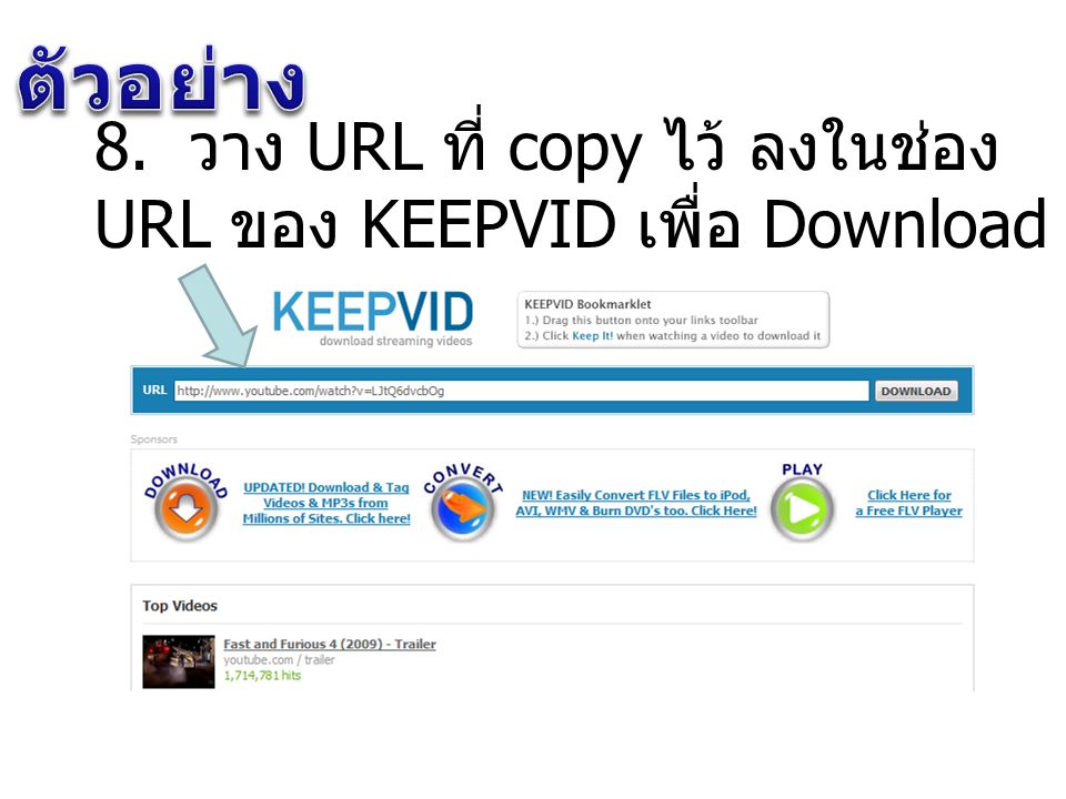 ตัวอย่าง 8. วาง URL ที่ copy ไว้ ลงในช่อง URL ของ KEEPVID เพื่อ Download