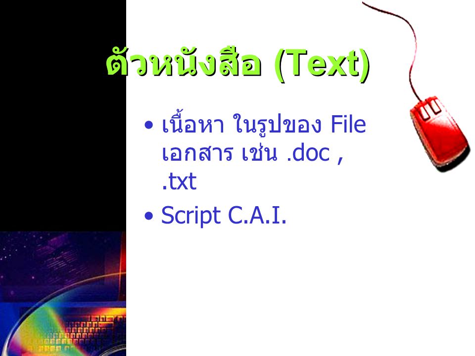 ตัวหนังสือ (Text) เนื้อหา ในรูปของ File เอกสาร เช่น .doc , .txt
