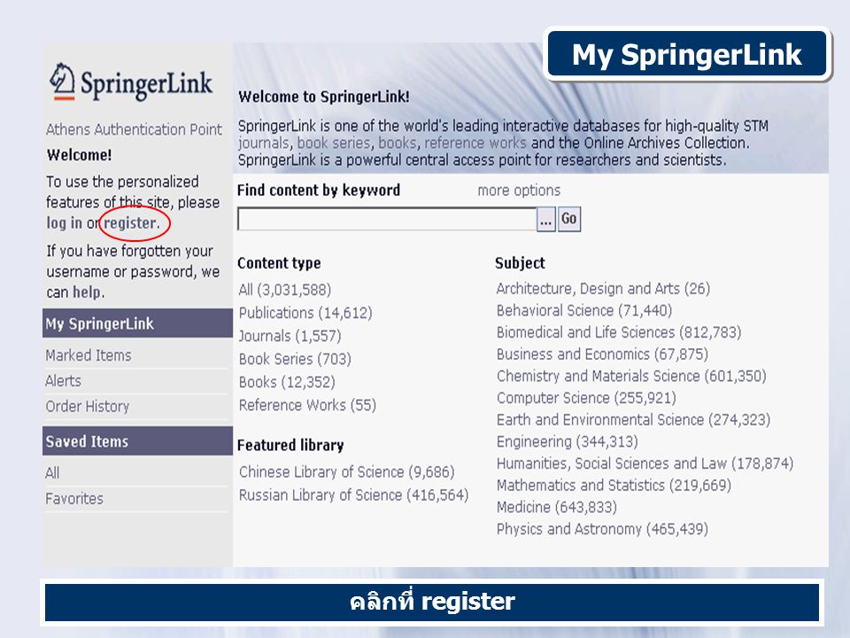 My SpringerLink คลิกที่ register