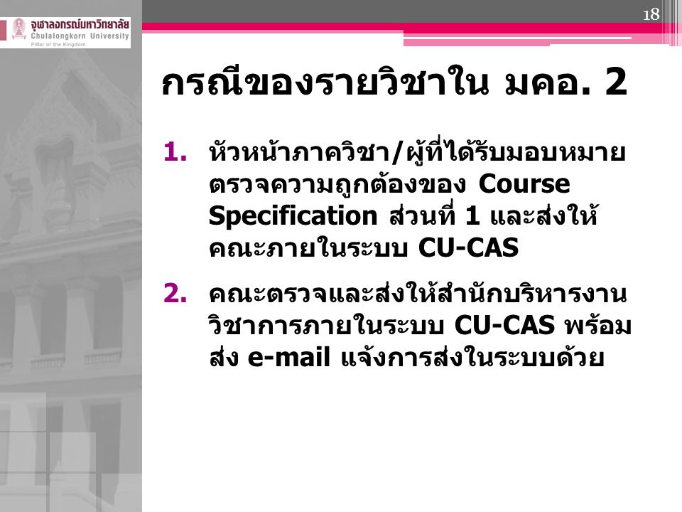 กรณีของรายวิชาใน มคอ. 2 หัวหน้าภาควิชา/ผู้ที่ได้รับมอบหมาย ตรวจความถูกต้องของ Course Specification ส่วนที่ 1 และส่งให้ คณะภายในระบบ CU-CAS.