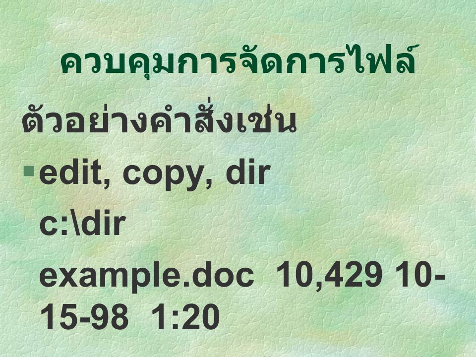 ควบคุมการจัดการไฟล์ ตัวอย่างคำสั่งเช่น edit, copy, dir c:\dir example.doc 10, :20