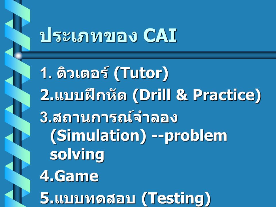ประเภทของ CAI 1. ติวเตอร์ (Tutor) 2.แบบฝึกหัด (Drill & Practice)