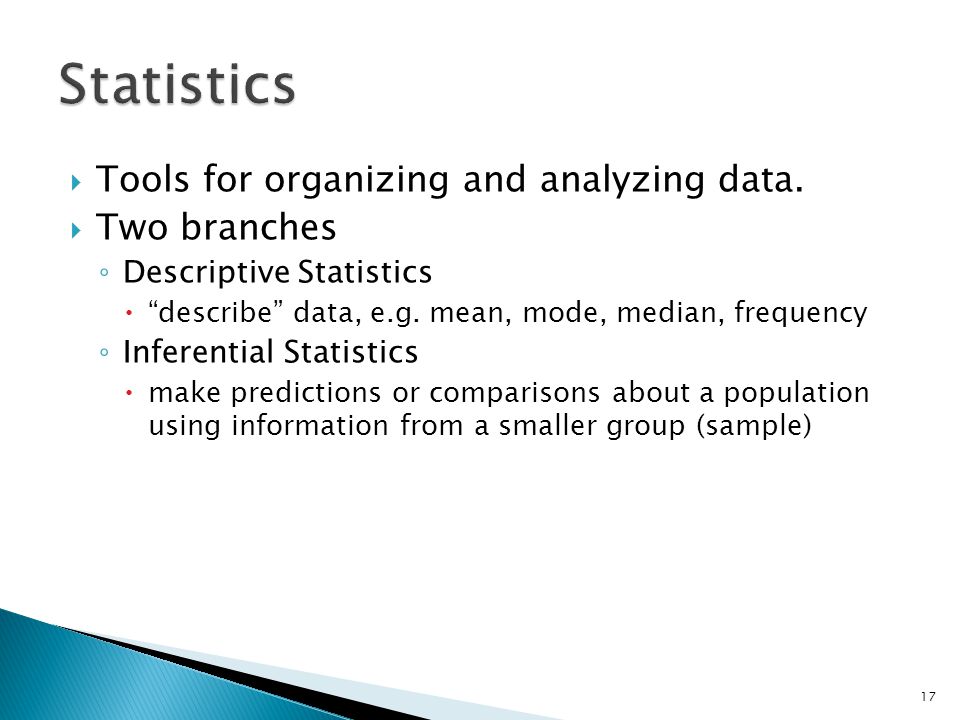 Statistics Tools for organizing and analyzing data. Two branches