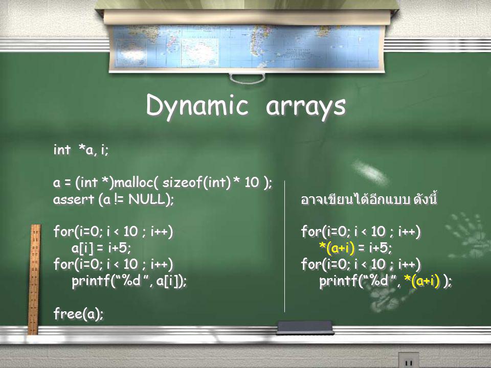 Dynamic arrays int *a, i; a = (int *)malloc( sizeof(int) * 10 );