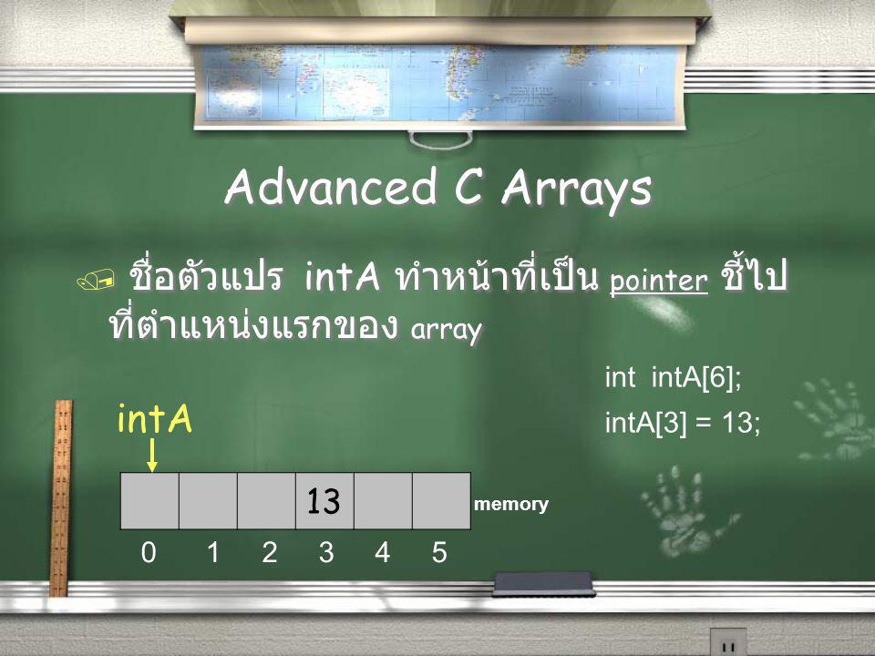 Advanced C Arrays ชื่อตัวแปร intA ทำหน้าที่เป็น pointer ชี้ไปที่ตำแหน่งแรกของ array. int intA[6];