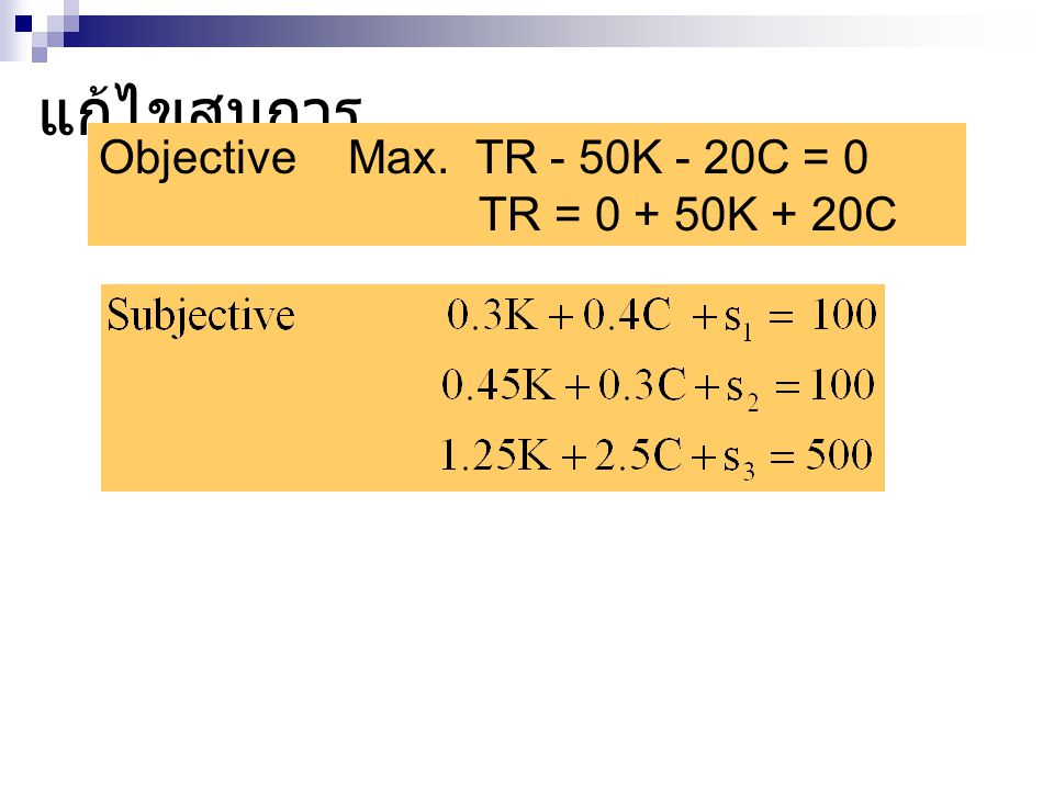 แก้ไขสมการ Objective Max. TR - 50K - 20C = 0 TR = K + 20C