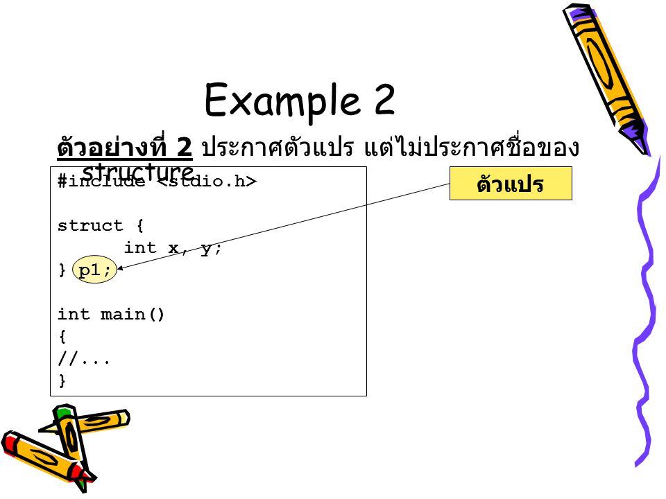 Example 2 ตัวอย่างที่ 2 ประกาศตัวแปร แต่ไม่ประกาศชื่อของ structure