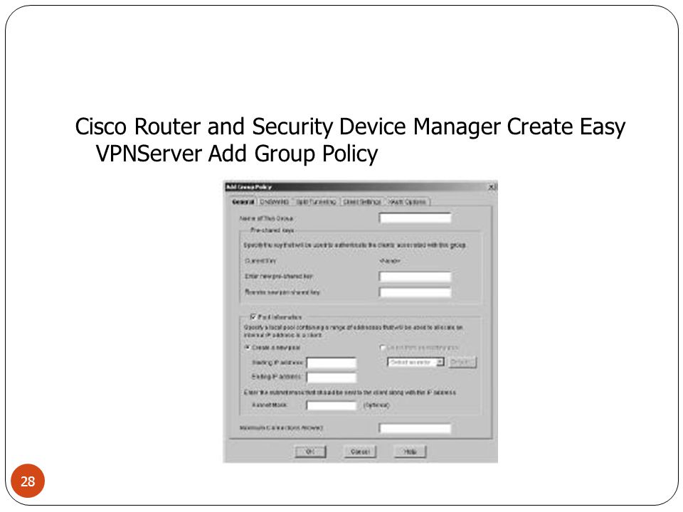 Cisco Router and Security Device Manager Create Easy VPNServer Add Group Policy