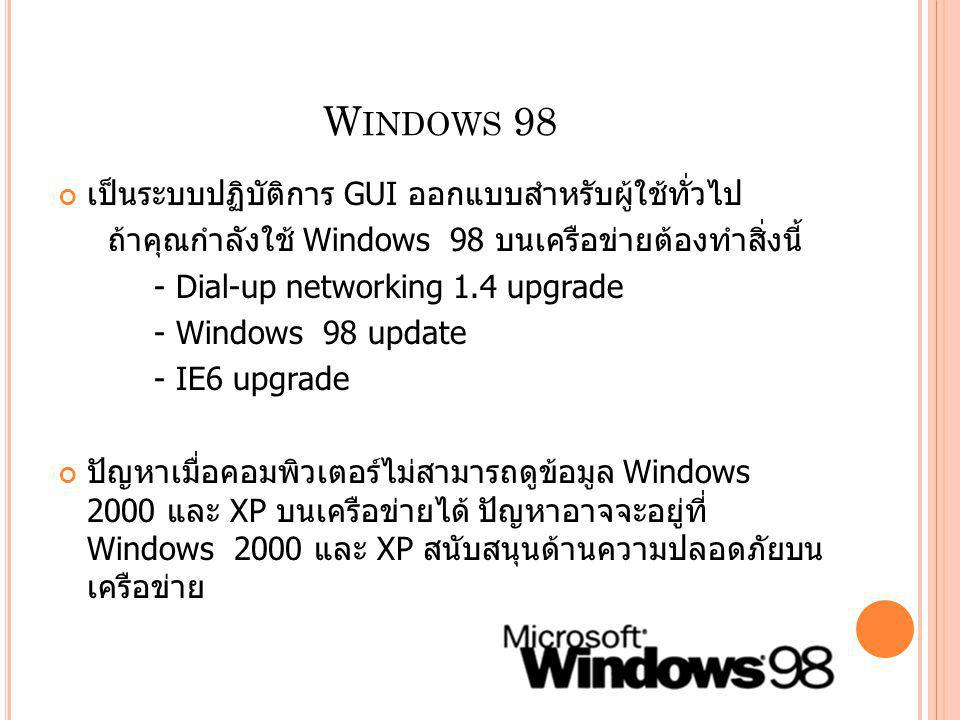 Windows 98 เป็นระบบปฏิบัติการ GUI ออกแบบสำหรับผู้ใช้ทั่วไป