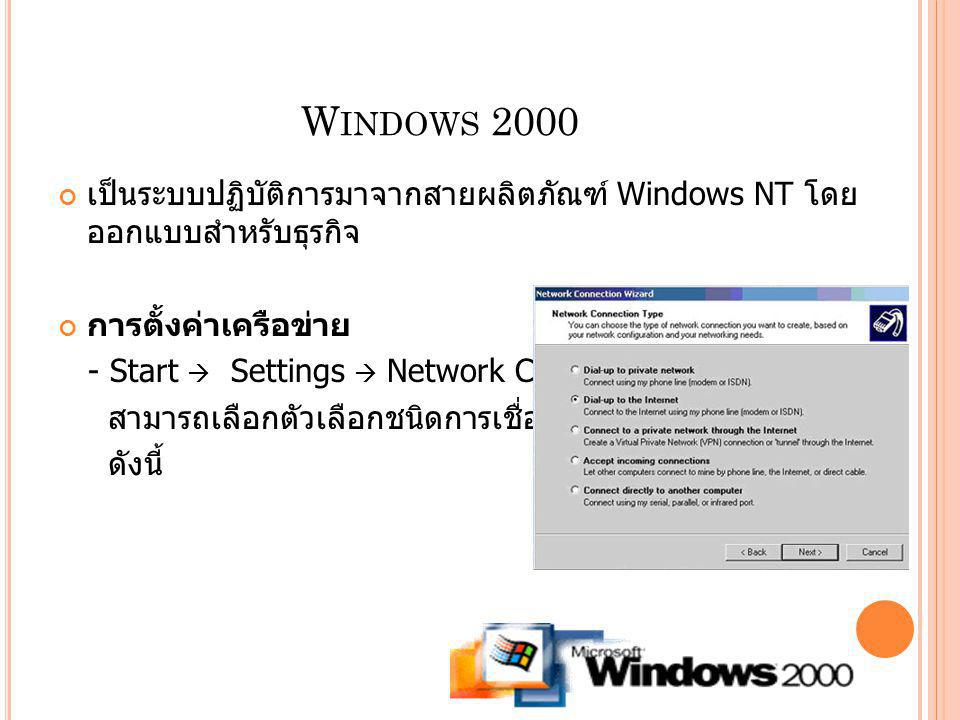 Windows 2000 เป็นระบบปฏิบัติการมาจากสายผลิตภัณฑ์ Windows NT โดยออกแบบสำหรับธุรกิจ. การตั้งค่าเครือข่าย.