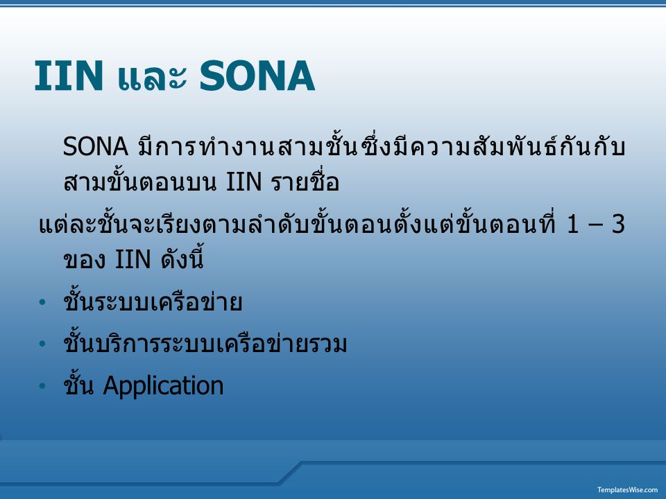 IIN และ SONA SONA มีการทำงานสามชั้นซึ่งมีความสัมพันธ์กันกับสามขั้นตอนบน IIN รายชื่อ.