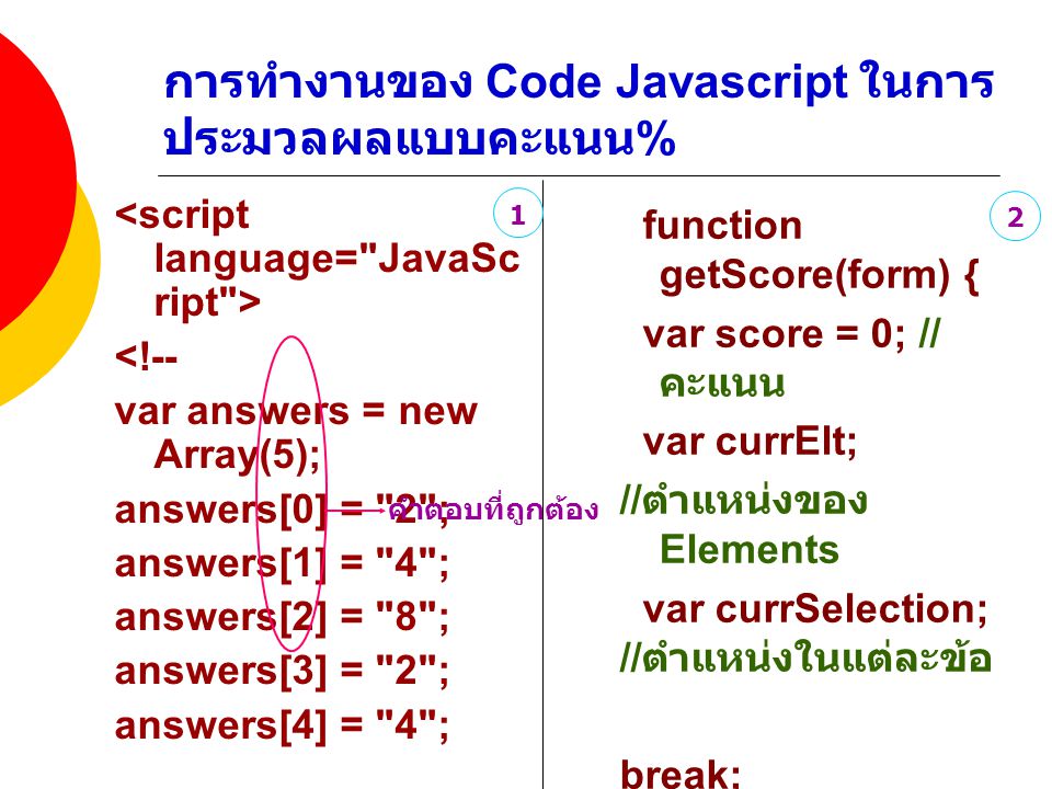การทำงานของ Code Javascript ในการประมวลผลแบบคะแนน%