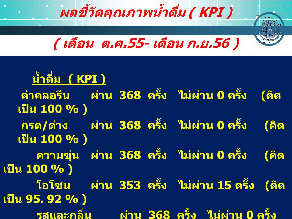 ผลชี้วัดคุณภาพน้ำดื่ม ( KPI ) ( เดือน ต.ค.55- เดือน ก.ย.56 )