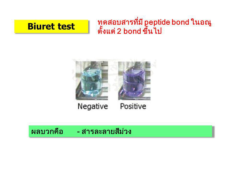 Biuret test ทดสอบสารที่มี peptide bond ในอณูตั้งแต่ 2 bond ขึ้นไป