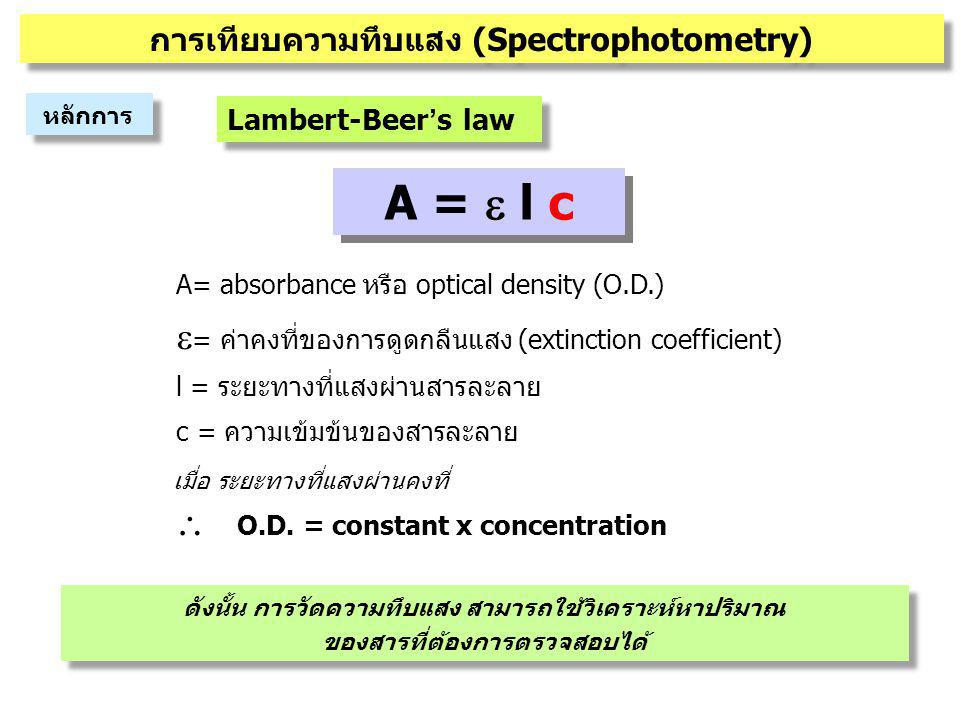 A = e l c = ค่าคงที่ของการดูดกลืนแสง (extinction coefficient)