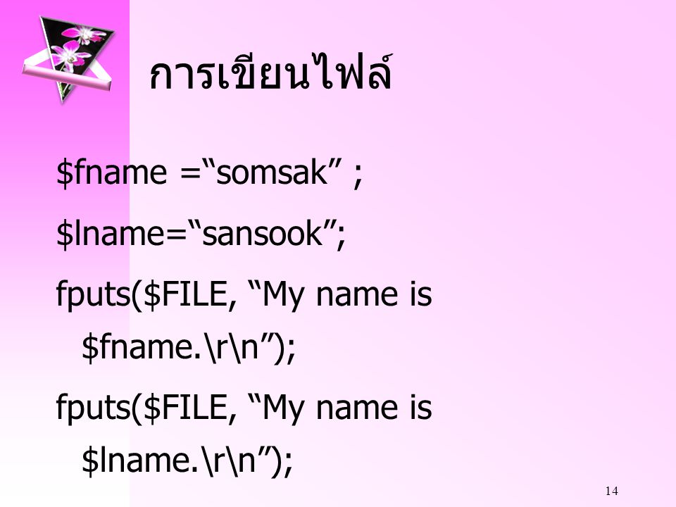 การเขียนไฟล์ $fname = somsak ; $lname= sansook ;