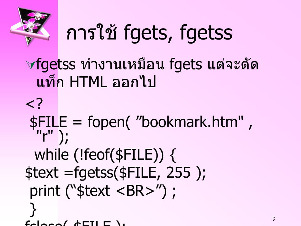 การใช้ fgets, fgetss fgetss ทำงานเหมือน fgets แต่จะตัดแท็ก HTML ออกไป