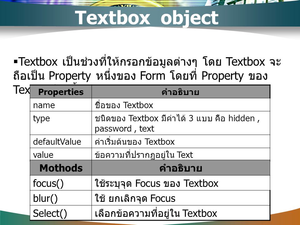 Textbox object Textbox เป็นช่วงที่ให้กรอกข้อมูลต่างๆ โดย Textbox จะถือเป็น Property หนึ่งของ Form โดยที่ Property ของ Text จะมีดังนี้