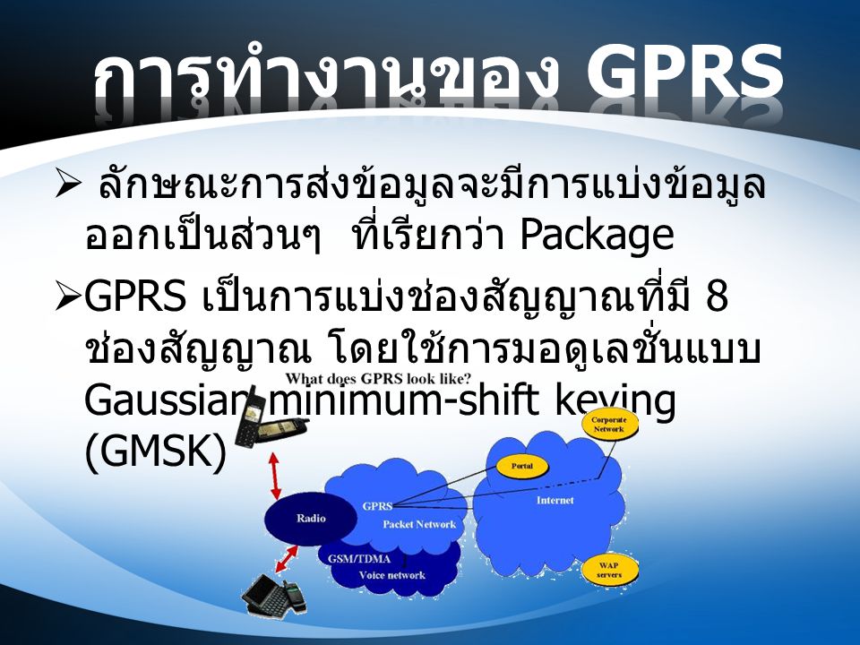 การทำงานของ GPRS ลักษณะการส่งข้อมูลจะมีการแบ่งข้อมูลออกเป็นส่วนๆ ที่เรียกว่า Package.