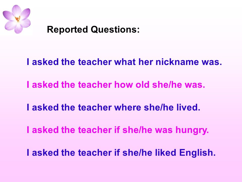 Reported Questions: I asked the teacher what her nickname was. I asked the teacher how old she/he was.