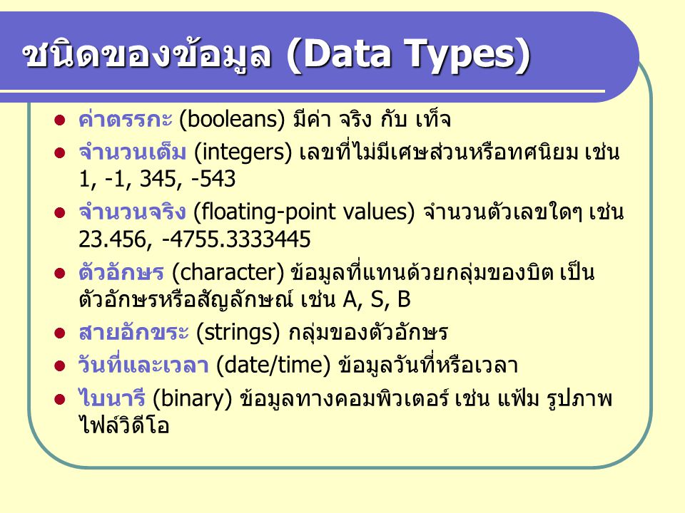 ชนิดของข้อมูล (Data Types)