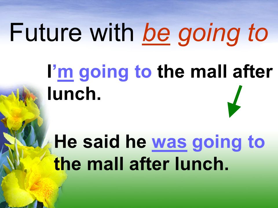 Future with be going to I’m going to the mall after lunch.