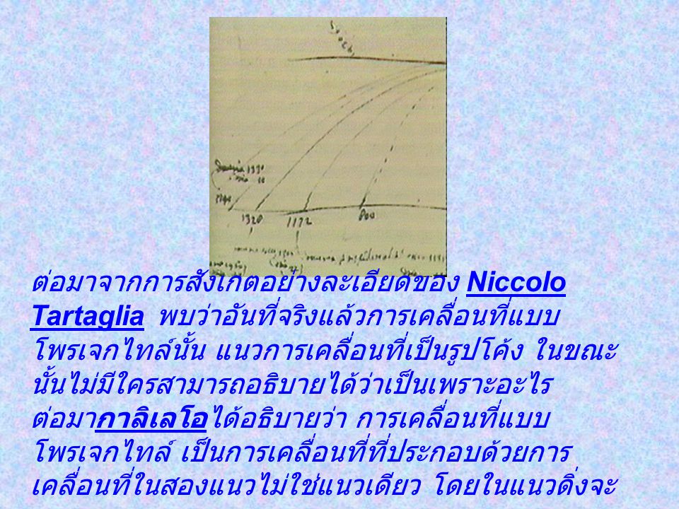 ต่อมาจากการสังเกตอย่างละเอียดของ Niccolo Tartaglia พบว่าอันที่จริงแล้วการเคลื่อนที่แบบโพรเจกไทล์นั้น แนวการเคลื่อนที่เป็นรูปโค้ง ในขณะนั้นไม่มีใครสามารถอธิบายได้ว่าเป็นเพราะอะไร ต่อมากาลิเลโอได้อธิบายว่า การเคลื่อนที่แบบโพรเจกไทล์ เป็นการเคลื่อนที่ที่ประกอบด้วยการเคลื่อนที่ในสองแนวไม่ใช่แนวเดียว โดยในแนวดิ่งจะ