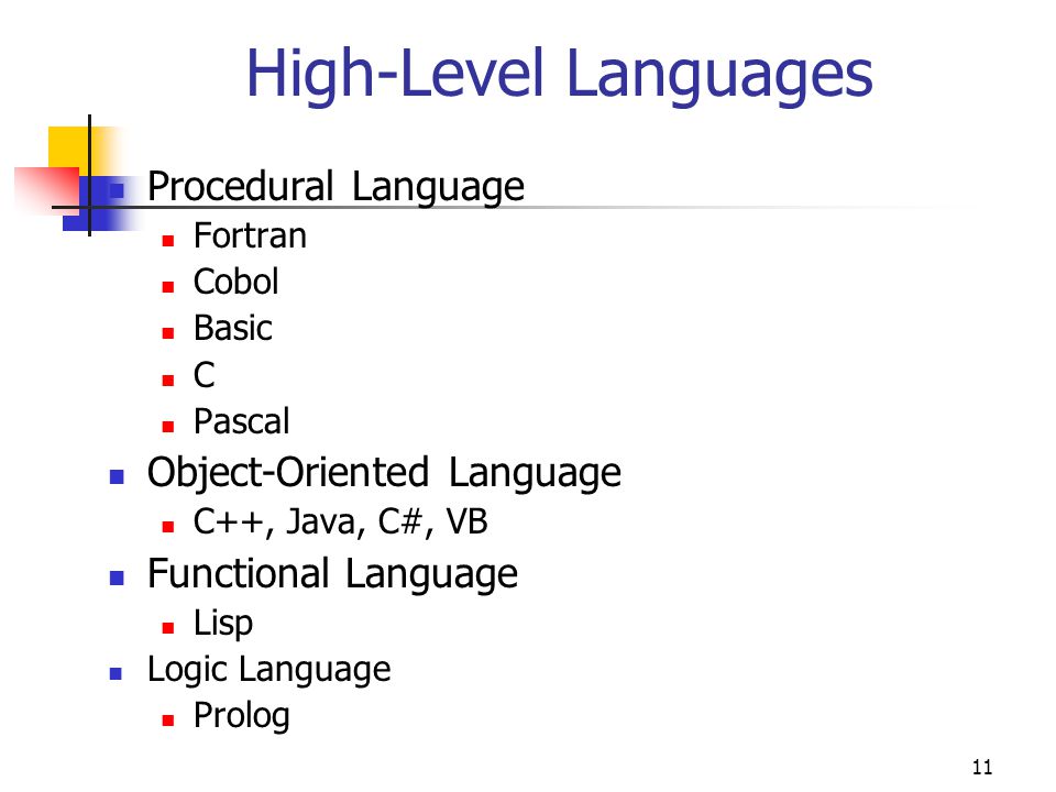 High-Level Languages Procedural Language Object-Oriented Language