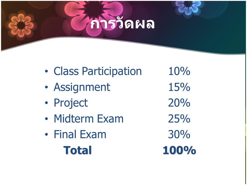 การวัดผล Class Participation 10% Assignment 15% Project 20%