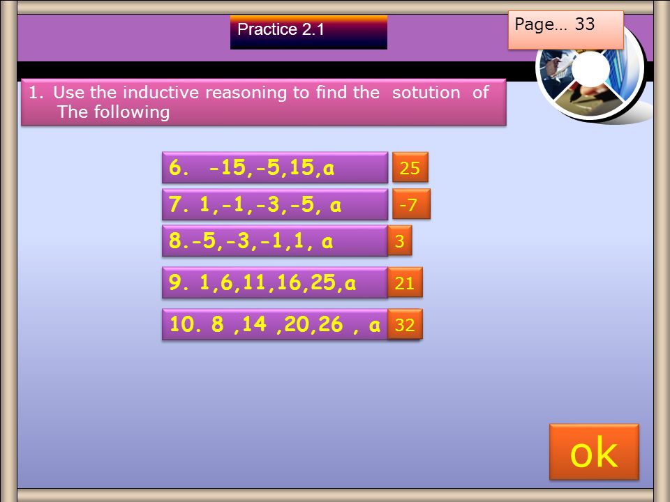Page… 33 Practice 2.1. Use the inductive reasoning to find the sotution of. The following ,-5,15,a.
