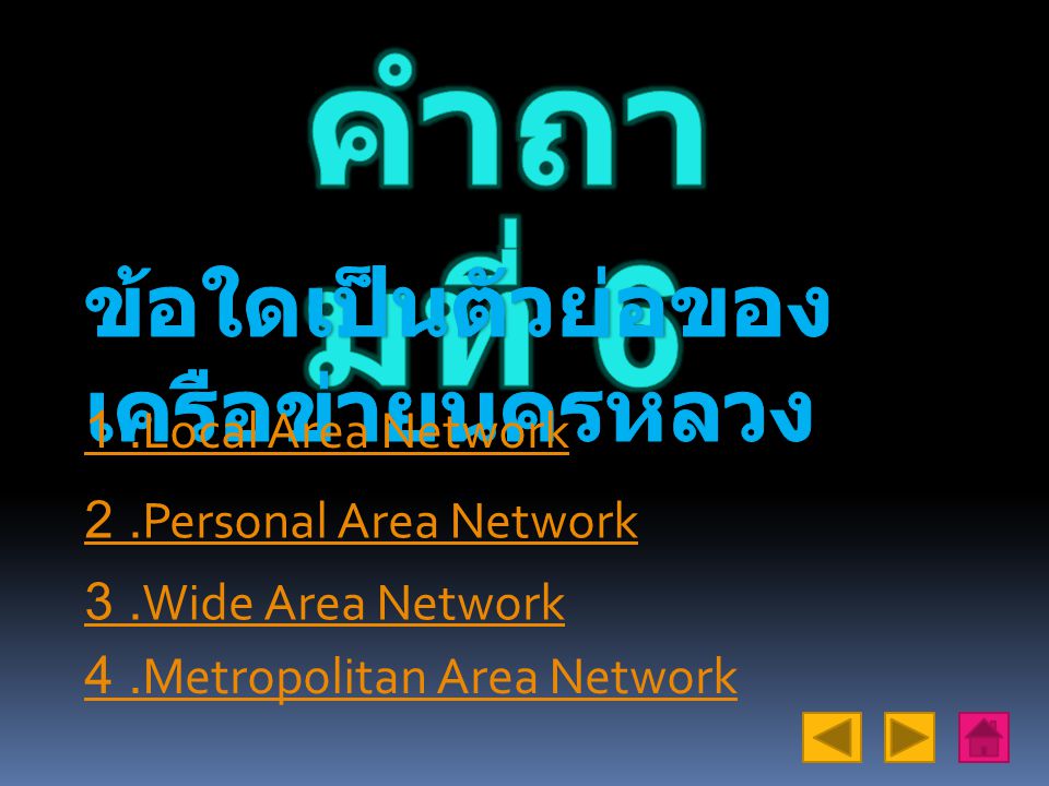คำถามที่ 6 ข้อใดเป็นตัวย่อของเครือข่ายนครหลวง 1 .Local Area Network