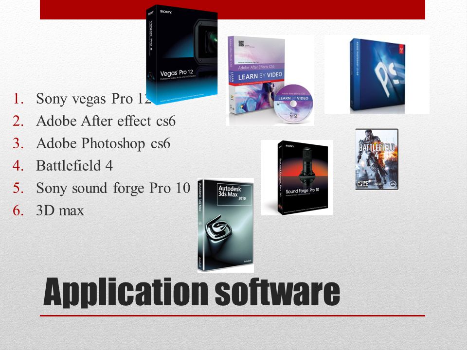 Application software Sony vegas Pro 12 Adobe After effect cs6
