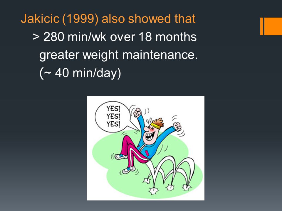 Jakicic (1999) also showed that > 280 min/wk over 18 months greater weight maintenance.