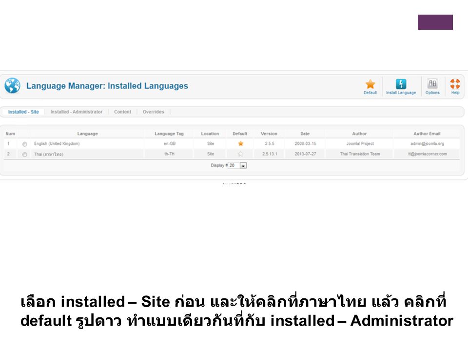 เลือก installed – Site ก่อน และให้คลิกที่ภาษาไทย แล้ว คลิกที่ default รูปดาว ทำแบบเดียวกันที่กับ installed – Administrator