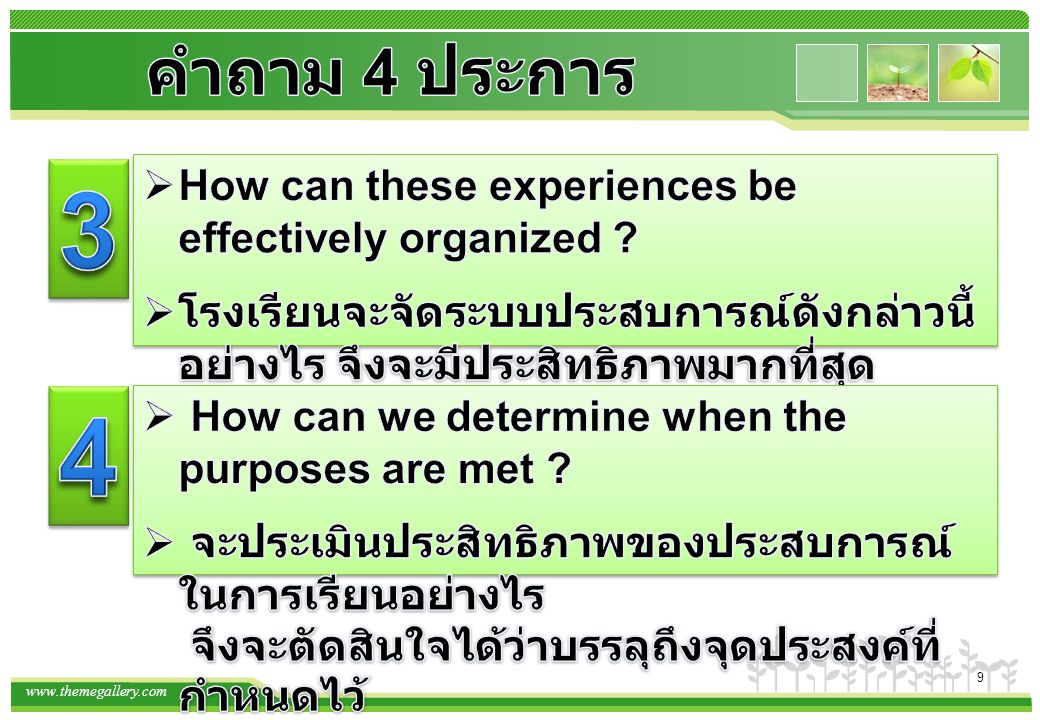คำถาม 4 ประการ 3. How can these experiences be effectively organized โรงเรียนจะจัดระบบประสบการณ์ดังกล่าวนี้ อย่างไร จึงจะมีประสิทธิภาพมากที่สุด.