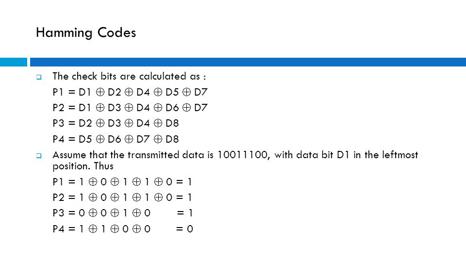 Hamming Codes The check bits are calculated as :