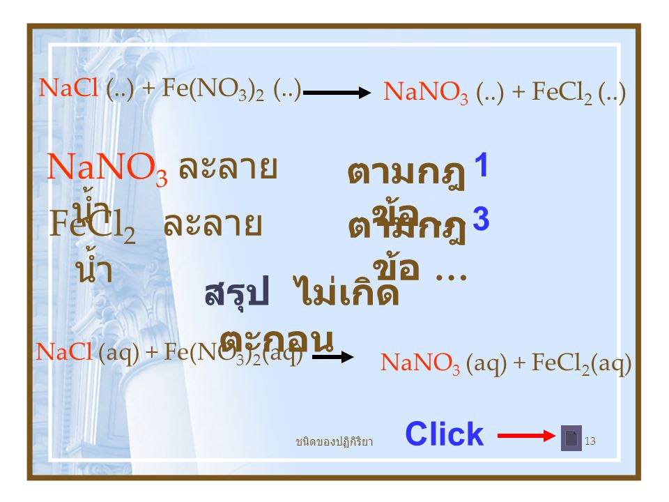 NaNO3 ละลายน้ำ ตามกฎข้อ … FeCl2 ละลายน้ำ ตามกฎข้อ … สรุป ไม่เกิดตะกอน