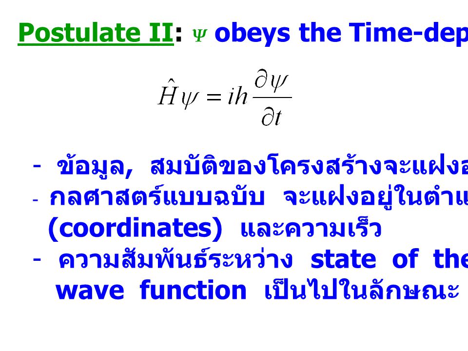 Postulate II: Ψ obeys the Time-dependent Schrödinger eq.