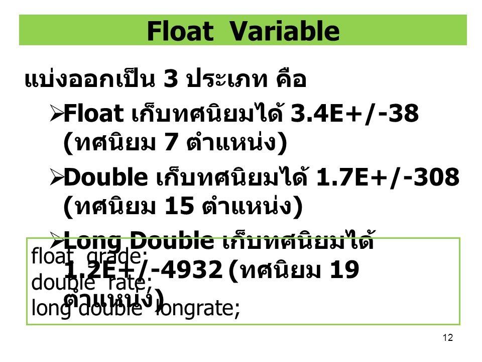 Float Variable แบ่งออกเป็น 3 ประเภท คือ
