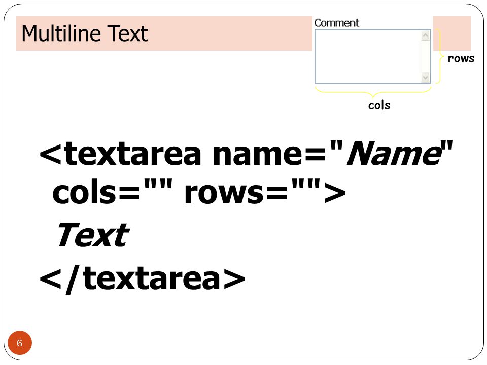 <textarea name= Name cols= rows= > Text </textarea>