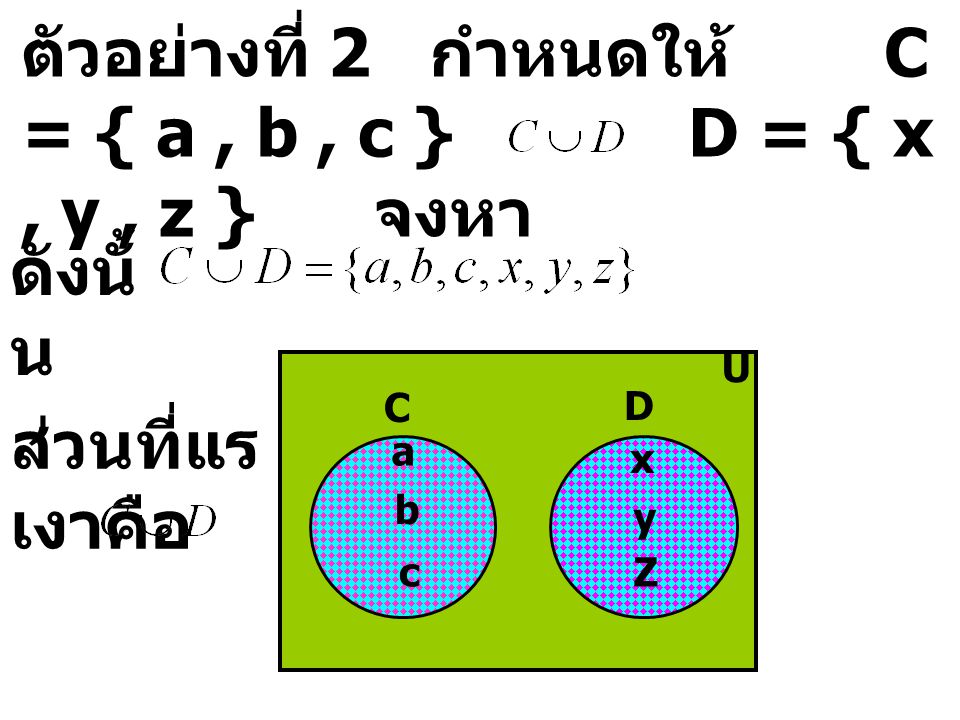 ตัวอย่างที่ 2 กำหนดให้ C = { a , b , c } D = { x , y , z } จงหา