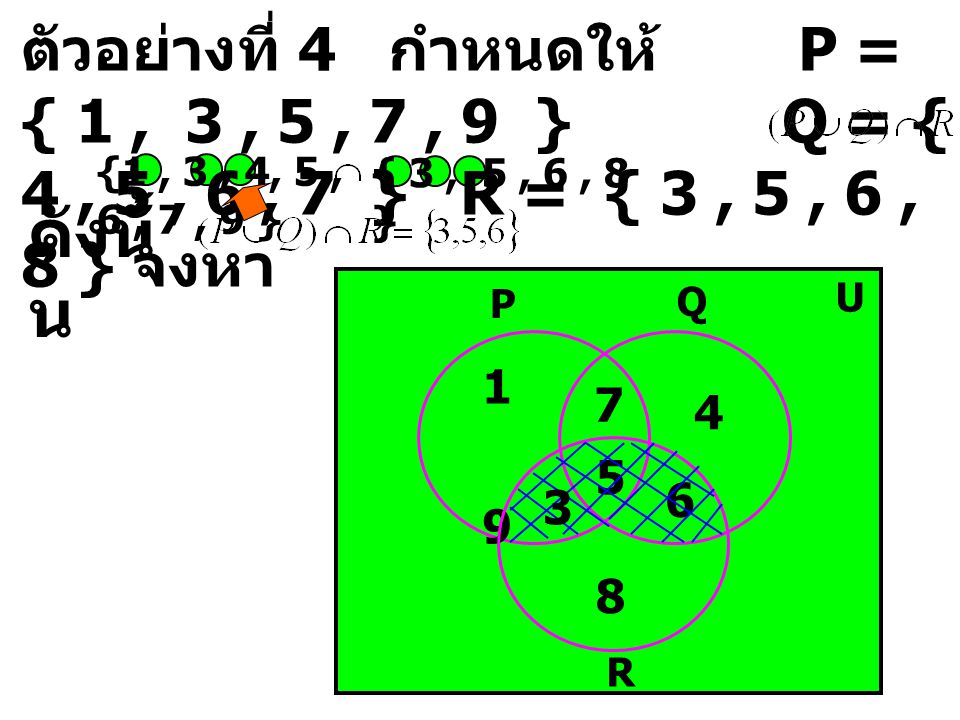 ตัวอย่างที่ 4 กำหนดให้ P = { 1 , 3 , 5 , 7 , 9 } Q = { 4 , 5 , 6 , 7 } R = { 3 , 5 , 6 , 8 } จงหา