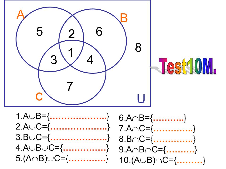 c A B U Test10M. 1.AB={………………..} 6.AB={………..}